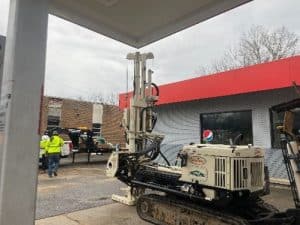 a truck is parked on the side of a building